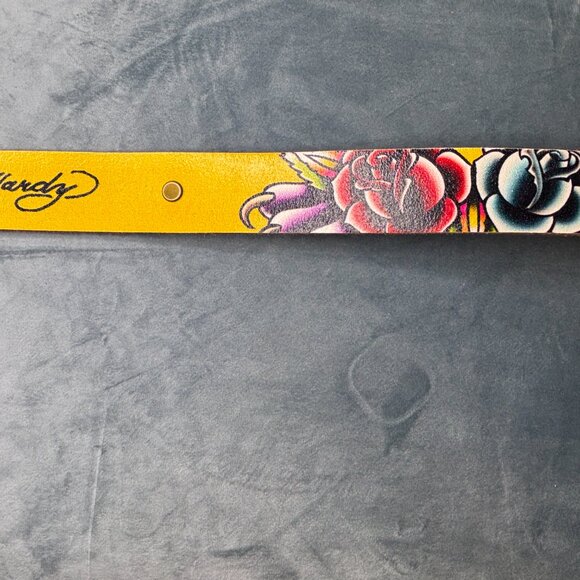Ed Hardy Men / Women Size S Panther Roses Floral Design Yellow Leather Belt - Picture 2 of 5